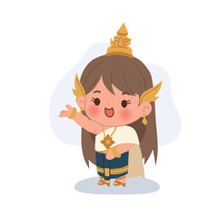 A cute Thai girl illustrated in traditional costume, showing cultural style from Thailand