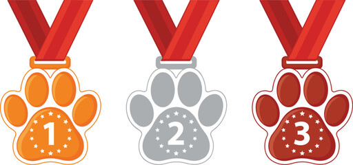 First, Second, and Third Place Paw Print Medals Vector Set, Representing Pet Show Competition, Dog Training Awards, Animal Sports Achievements, and Veterinary Recognition