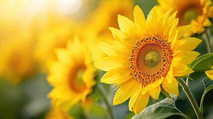 Fototapeta premium Radiant Sunflower in a Sunny Summer Field with Golden Light