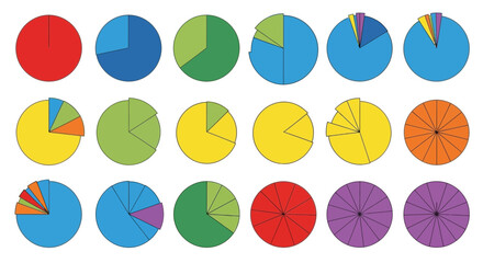 Infographic collection of diverse pie charts illustrating statistical data visually