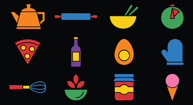 Vibrant kitchen icons for your cooking blog or recipe website, perfect for menus and food apps