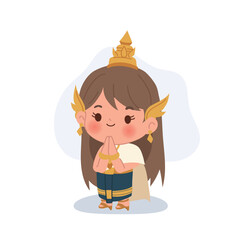 thai traditional costume cute asian girl wai gesture cartoon character cultural thailand illustration for festival and celebration themes