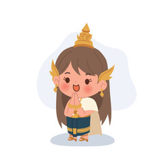 thai girl in traditional dress wai gesture cartoon character illustration