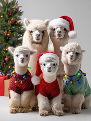 Naklejka premium Group of alpacas wearing Christmas sweaters and Santa hats, festive lights, standing near decorated tree, joyful holiday scene