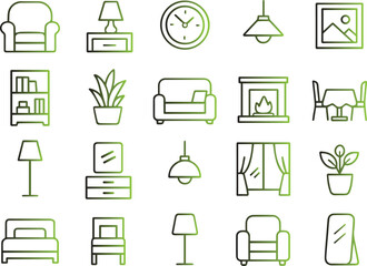 Collection of thin line icon set representing various home furniture and interior design elements for living room and bedroom decoration