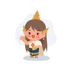 A cheerful Thai girl in traditional dress waving happily