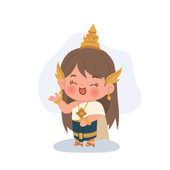 thai girl in cultural dress shown in a cheerful pose. cute thai traditional costume girl vector character thai culture children illustration
