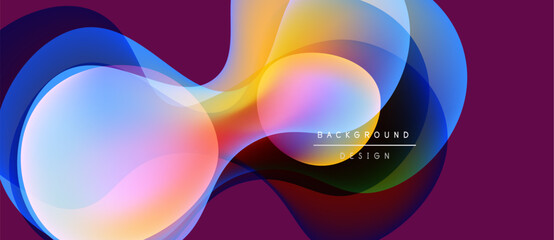 Abstract fluid shapes blend, creating vibrant color gradients. Design features smooth transitions, modern aesthetic. Background is deep purple.