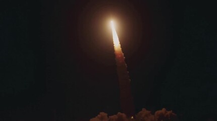 Rocket takeoff from a launch complex. Munition. Weapons range for missiles test. Ministry of Defense