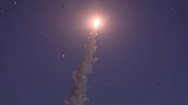 Rocket takeoff from a launch complex. Bombardment. Military response. Attack