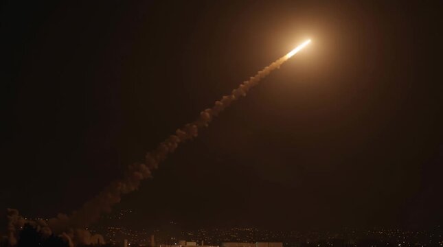 Rocket takeoff from a launch complex. Missile attack. Air raid. Cluster