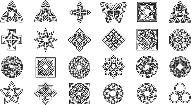 Outline Vector Set of Intricate Celtic Knots, Interlaced Circles, Geometric Stars, Crosses, and Triquetra Symbols, Perfect for Monochromatic Medieval and Spiritual Design Elements