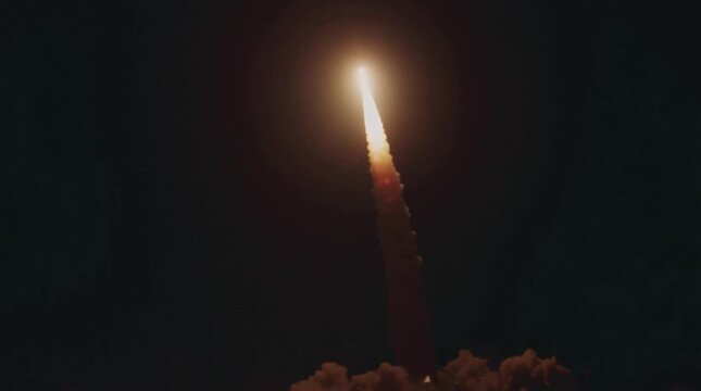 Rocket takeoff from a launch complex. Munition. Weapons range for missiles test. Ministry of Defense