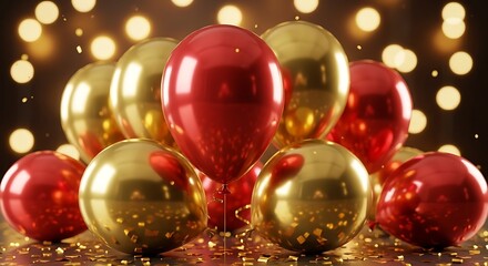 Festive celebration with golden and red balloons reflecting light and confetti on a dark surface