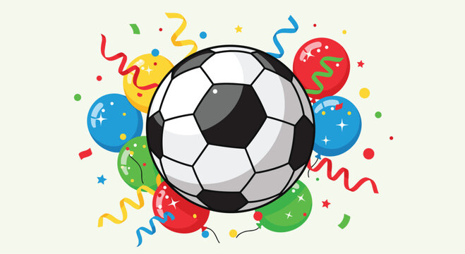 Exciting soccer celebration with colorful balloons and streamers, perfect for sports themed events or party invitations, fun and festive feeling