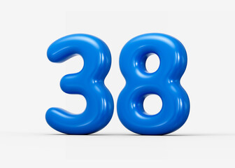Smooth blue 3D number 38 with rounded reflective loops and glossy shine. 3d illustration