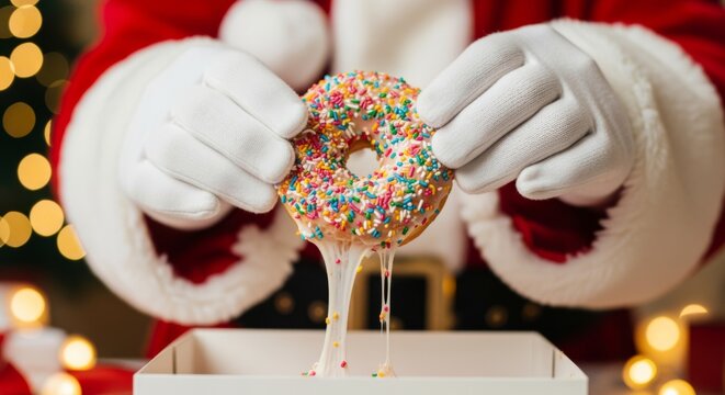 Santa's gloved hands lifting a sprinkled donut - Powered by Adobe