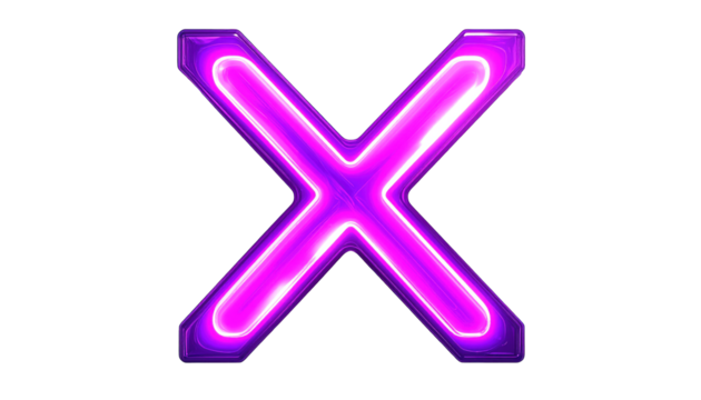 Glowing purple neon X against black, with reflections and bright outlines
