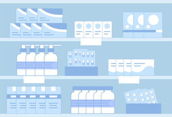 Pharmacy shelves with medications, boxes, jars, pills in blisters, bottles. Monochrome flat background.
