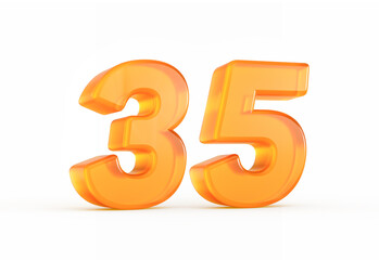 Glossy orange number 35 with luminous highlights and a reflective finish. 3D illustration.