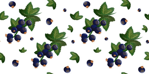 Seamless currant berry pattern with red and black clusters. Repeating seamless pattern featuring red and black currant branches with green leaves, ideal for textiles, packaging and decorative designs.