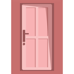 Open Pink Door With Glass Panes and Dark Pink Door Frame Featuring a Simple Metal Handle on a Transparent Background