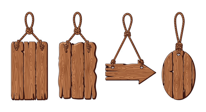 Rustic wooden signboards with rope hanging loops for creative DIY crafts and whimsical themed decorations in natural woodgrain finishes