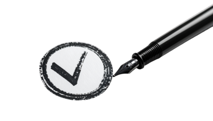 Black pen marking a check within a circle, on a black background