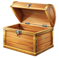 Open wooden treasure chest with metal hardware isolated on transparent background