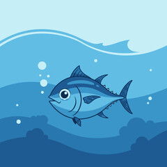 Fototapeta premium Cute cartoon blue tuna fish swimming underwater in the ocean with bubbles and waves.