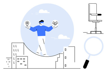 Worker holding lightbulb and handshake visuals, balancing on chart ledge with buildings, office chair, and magnifier. Ideal for work balance, business growth, management, focus, planning