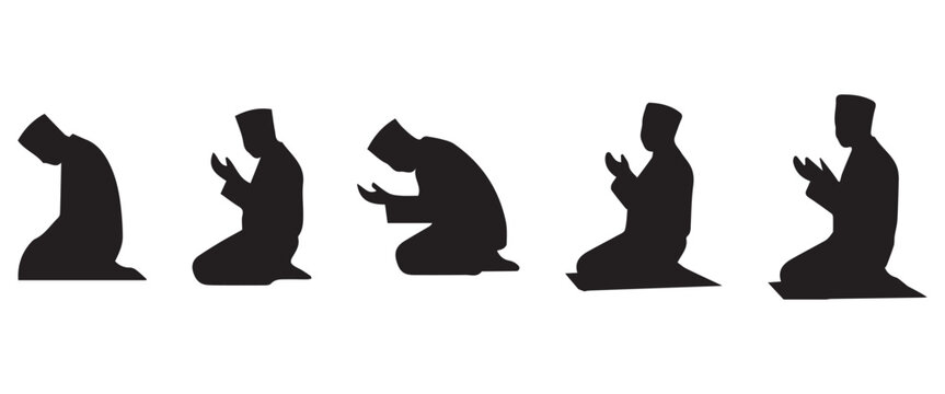 &ldquo;Islamic Prayer Silhouettes Set, Muslim Men Performing Salat/Namaz in Various Positions, Kneeling and Rakat Sequence, Black and White Vector Illustration&rdquo;Web