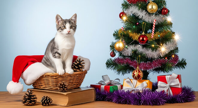 Kitten In Basket With Christmas Tree And Gifts animal - Powered by Adobe