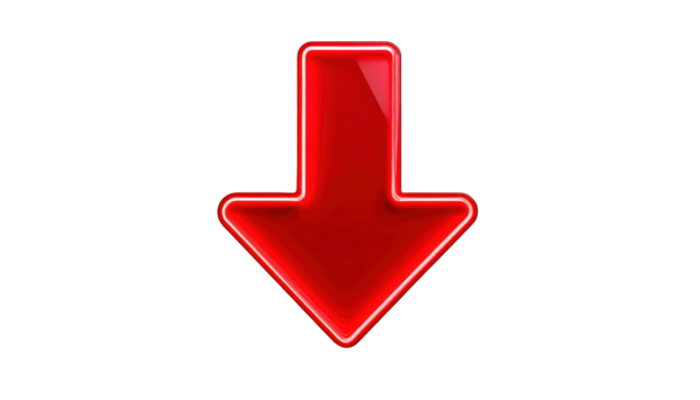 Bright red, downward pointing arrow with neon outline on a black background