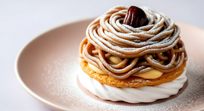elegant style. a perfectly piped rose-shaped Mont Blanc with chestnut cream vermicelli cascading over a crisp meringue base, hidden cr&egrave;me l&eacute;g&egrave;re center, with snowy powdered sugar