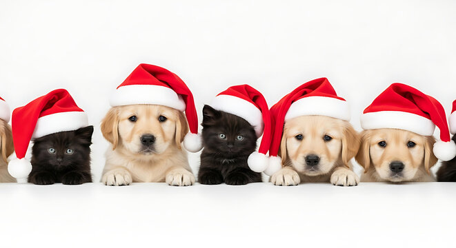 Group of Puppies and Kittens Wearing Santa Hats Keywords: puppies, kittens, santa hats, christmas