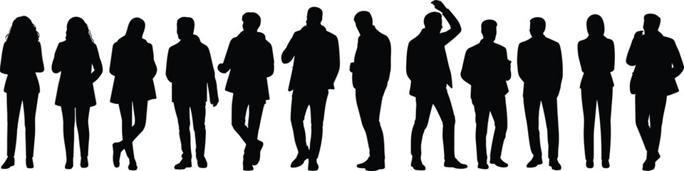 Silhouettes of diverse business professionals standing in various poses, corporate team illustration, modern office workers, teamwork concept, leadership, company staff silhouettes
