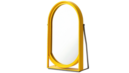 A bright yellow oval mirror on a dark stand, tilted slightly