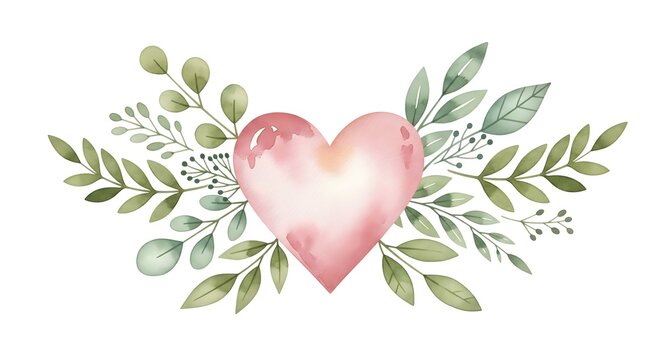 Hand-painted delicate watercolor illustration of a soft pink heart surrounded by lush green leaves and natural botanical elements. Isolated on white background