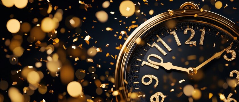 New Year's Eve Midnight Countdown with Elegant Golden Clock and Sparkling Confetti