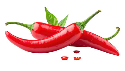 Two vibrant red, glossy chili peppers, green stems, and leaves; some seeds