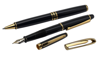 Elegant writing instruments, one rollerball, one fountain pen, black and gold