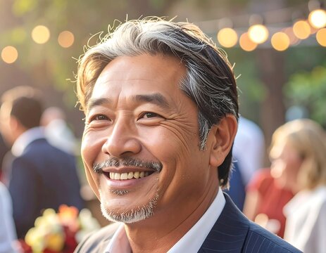 Close-up of a smiling, silver-haired man at an outdoor gathering