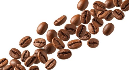 Falling coffee beans isolated on white background, clipping path, full depth of field
