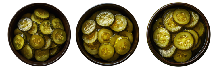 Sliced pickles in dark ceramic dish, isolated on white transparent background, concept of snack.