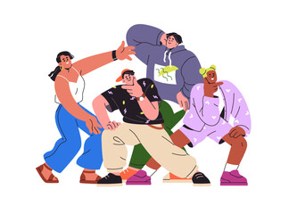 Young happy people group. Smiling friends portrait, posing together for fun. Diverse modern youth, male and female characters, men and women. Flat vector illustration isolated on white background