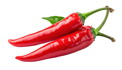 Two vibrant red, elongated peppers with green stems and leaf against black