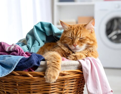 Ginger cat napping inside a wicker laundry basket full of clothes