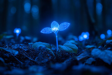 Bioluminescent alien planet nature jungle with glowing plants and misty trees in generative ai illustration