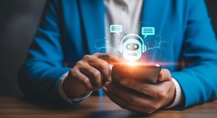 Person using smartphone with chatbot interface and AI robot icon artificial intelligence
